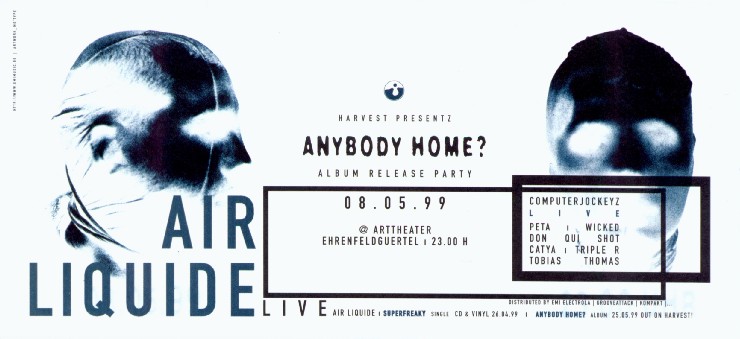 anybody home? flyer album release party 08.05.1999 arttheater cologne. 740x339.